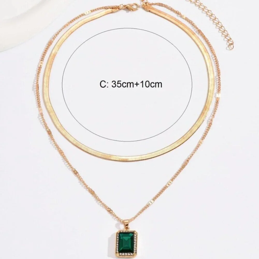 Gold Emerald-Cut Green Pendant & Herringbone Choker Necklace Set 18K Gold Filled